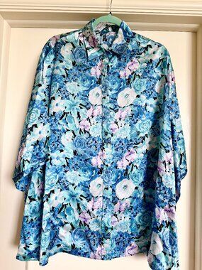 Balenciaga $1650 Blue Floral Silk Satin Collared Button-Up Blouse Size 38